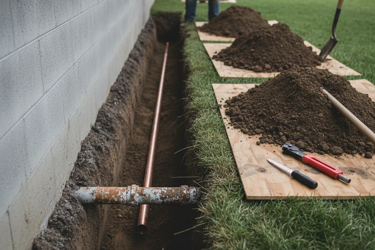 Excavated water line trench during Water Heater Repair in Italy